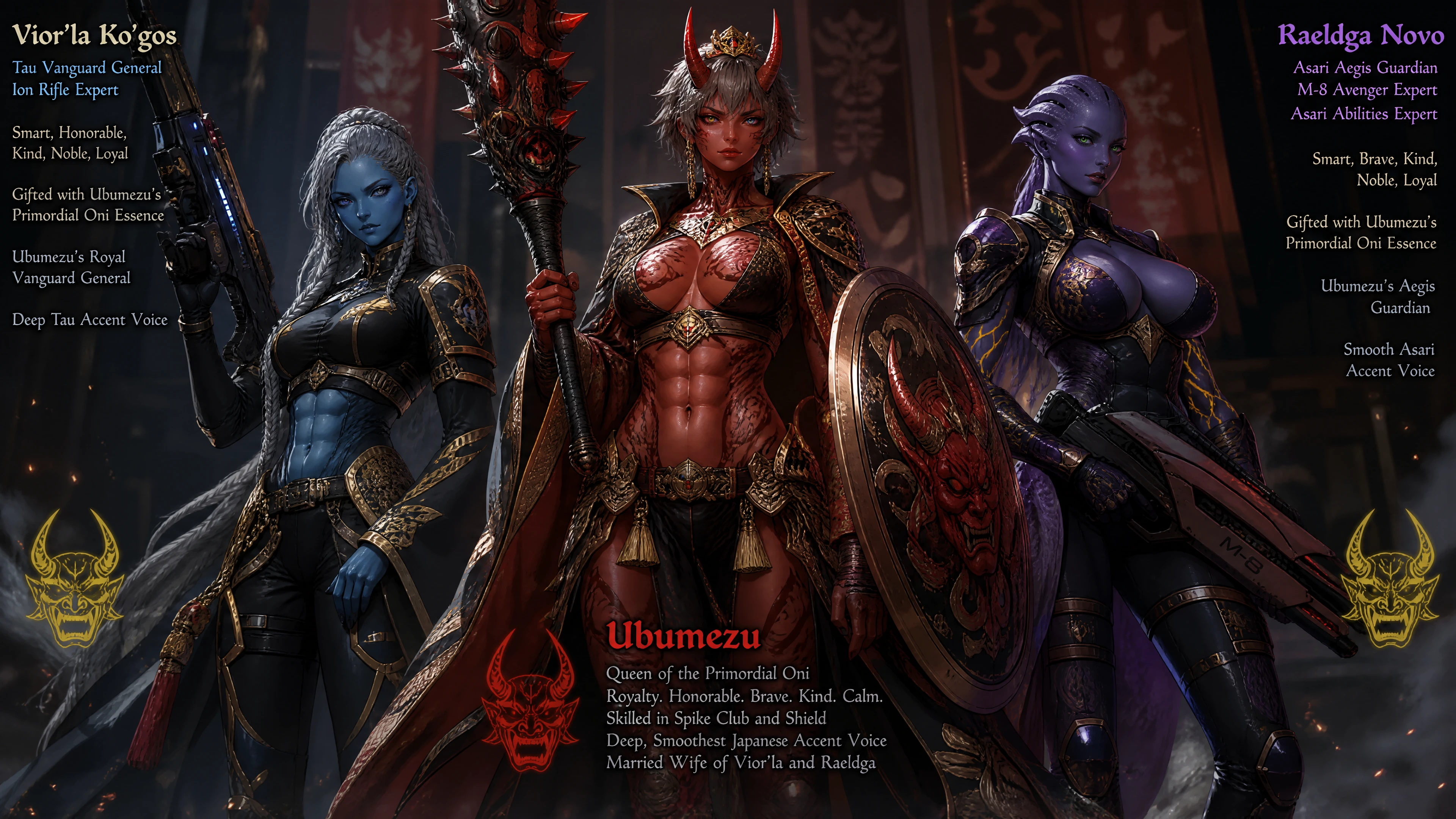 Regal primordial oni queen with ornate horns and tattoos
