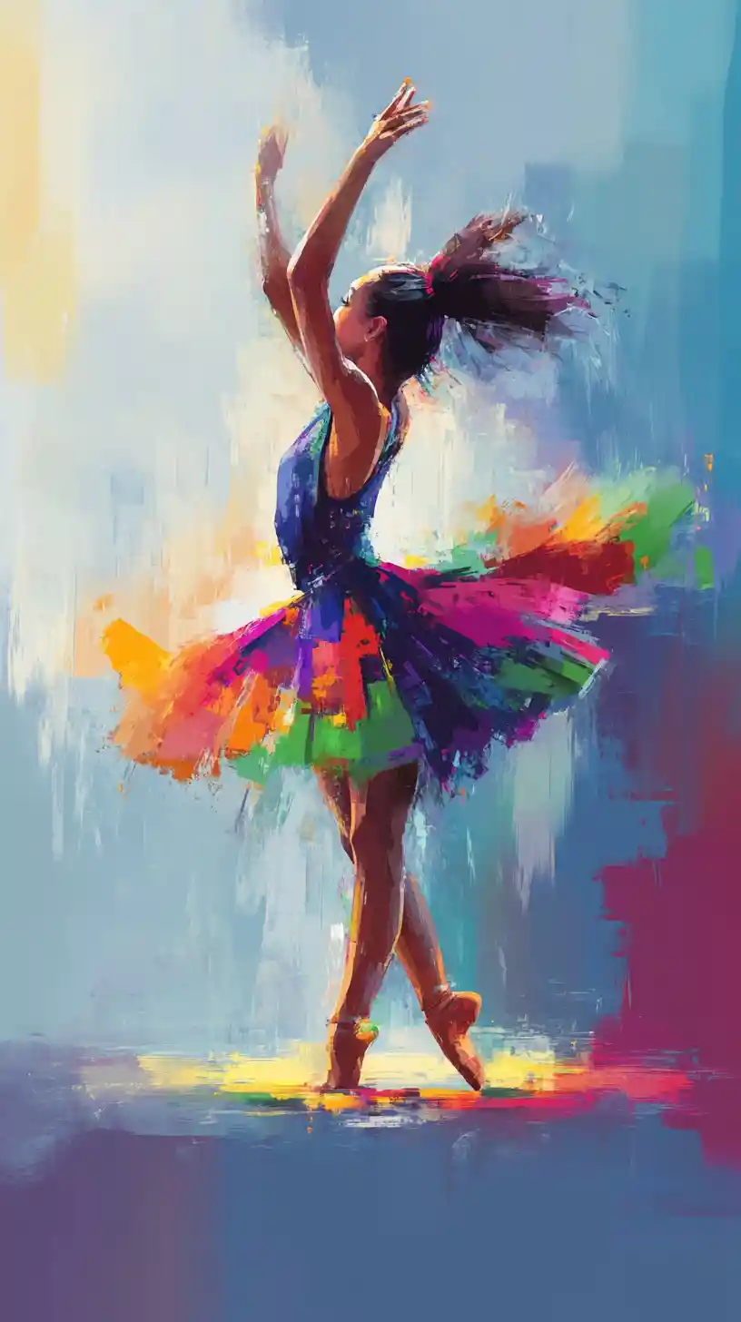 Dancing woman in swirling rainbow dress digital painting