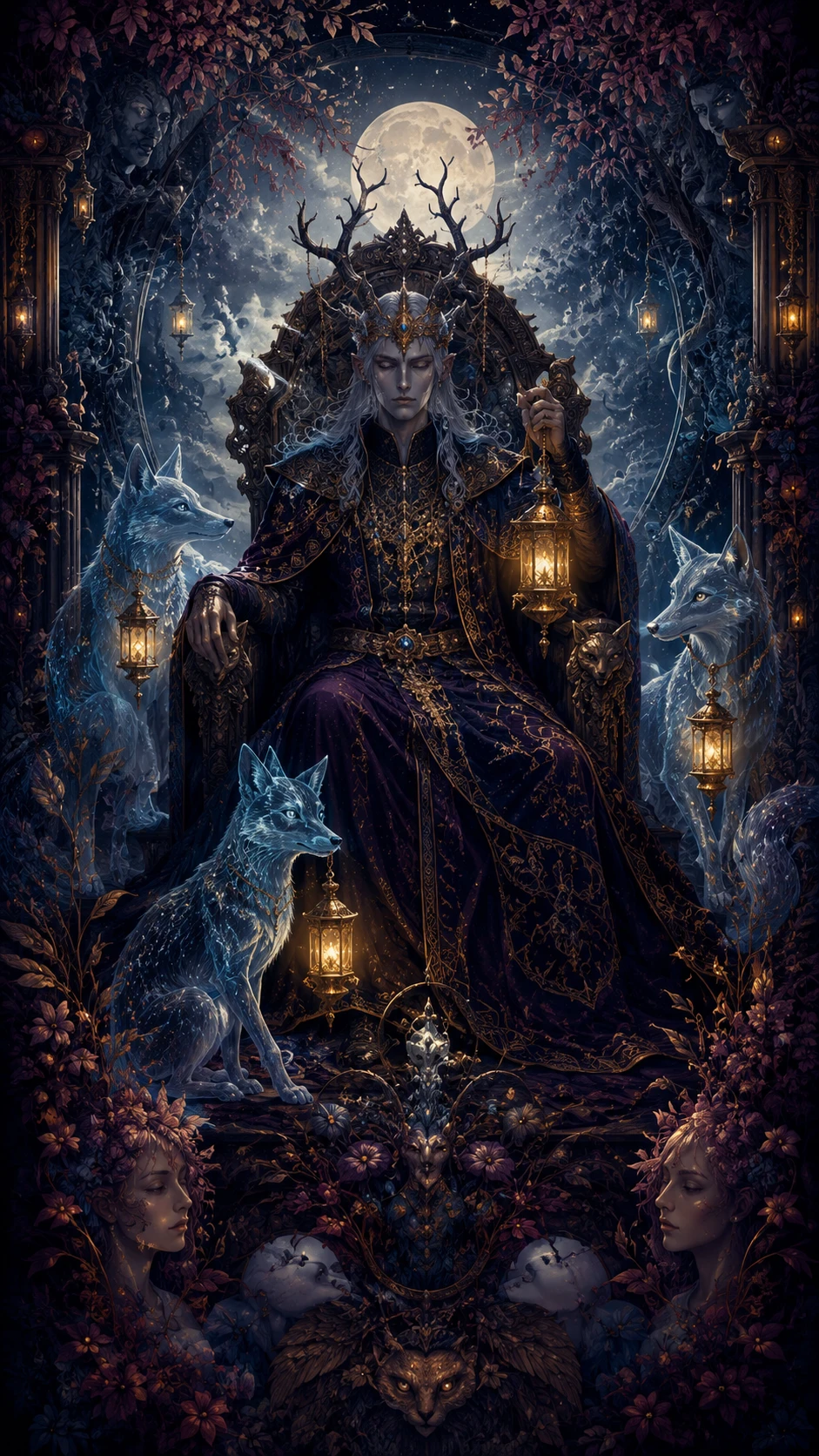 Horned monarch on a stellar throne with spectral foxes