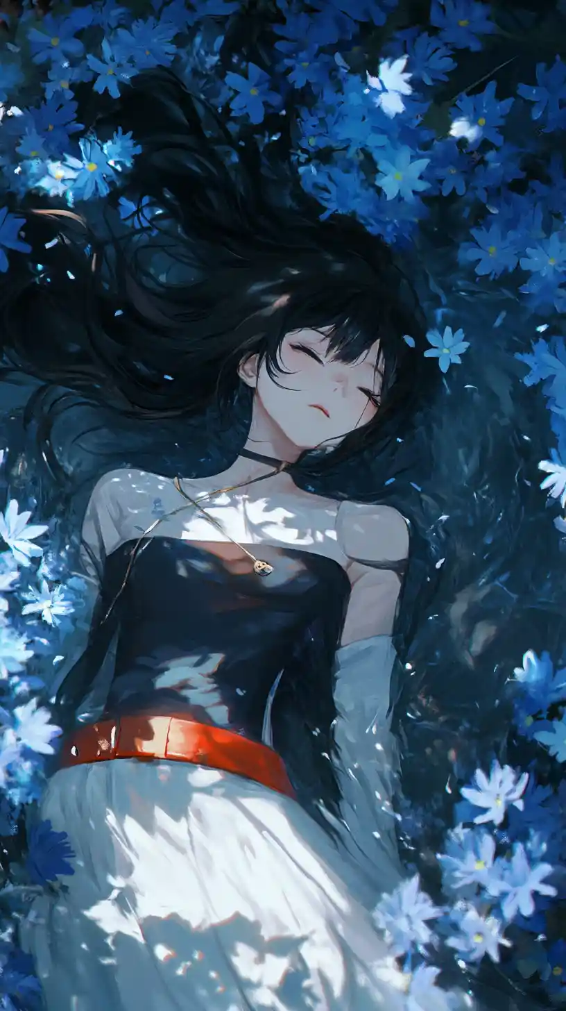 Anime girl lying in blue flowers with nostalgic expression