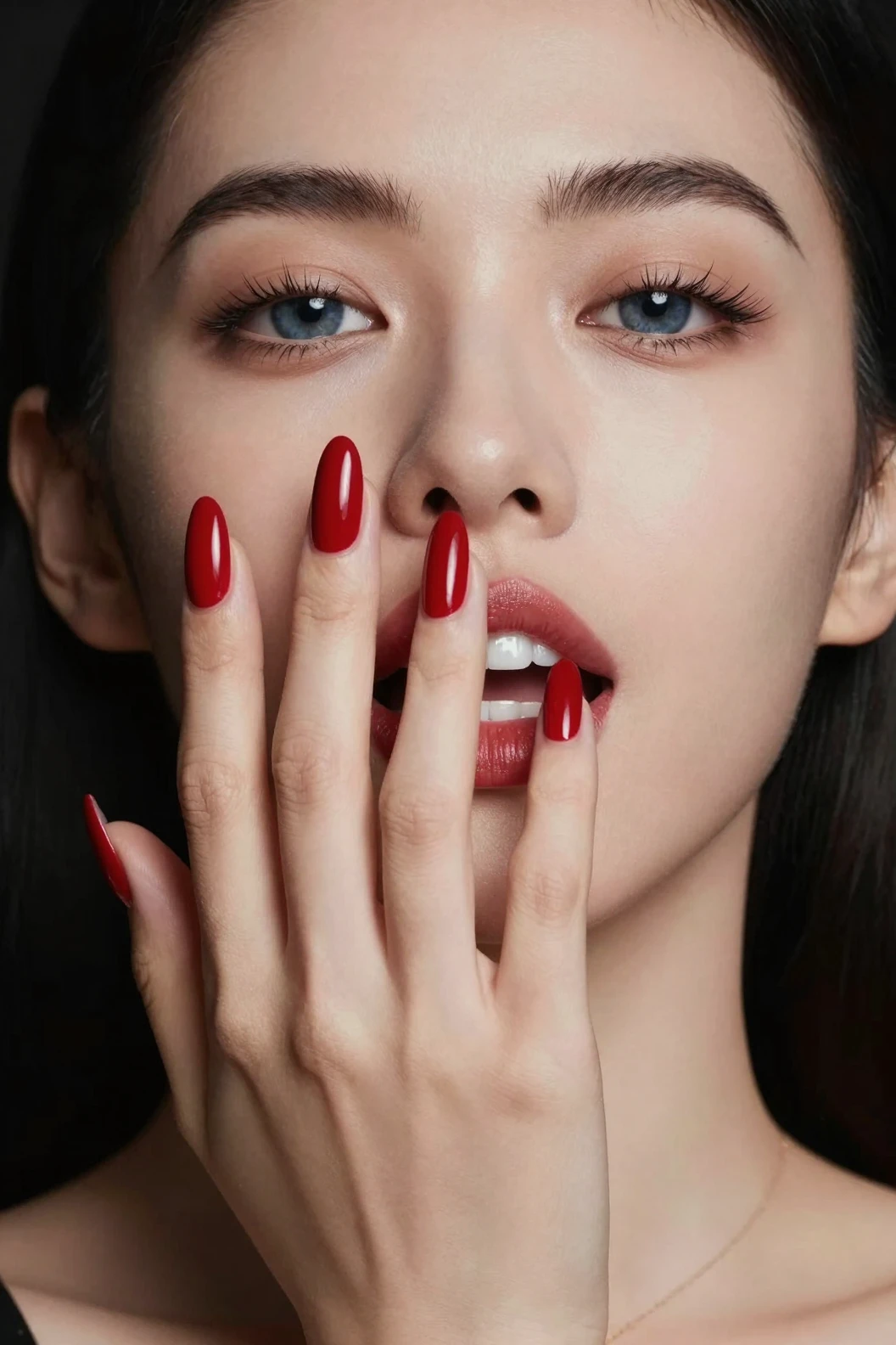 Rostro de mujer con uñas rojas manicuras sobre fondo negro