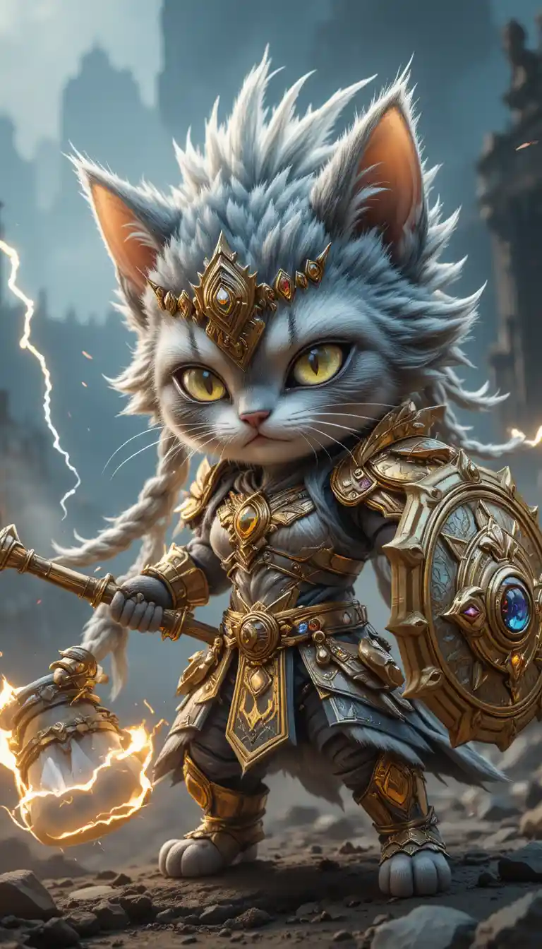 Fierce chibi cat warrior on a stormy battlefield