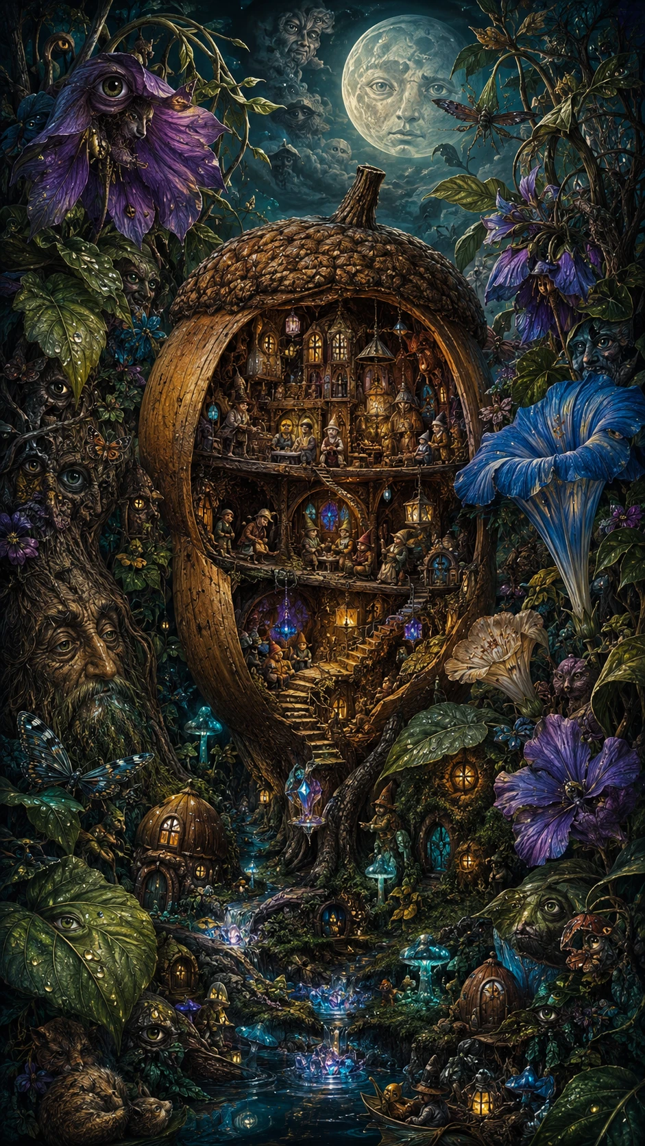 Tiny forest kingdom carved inside a colossal ancient acorn