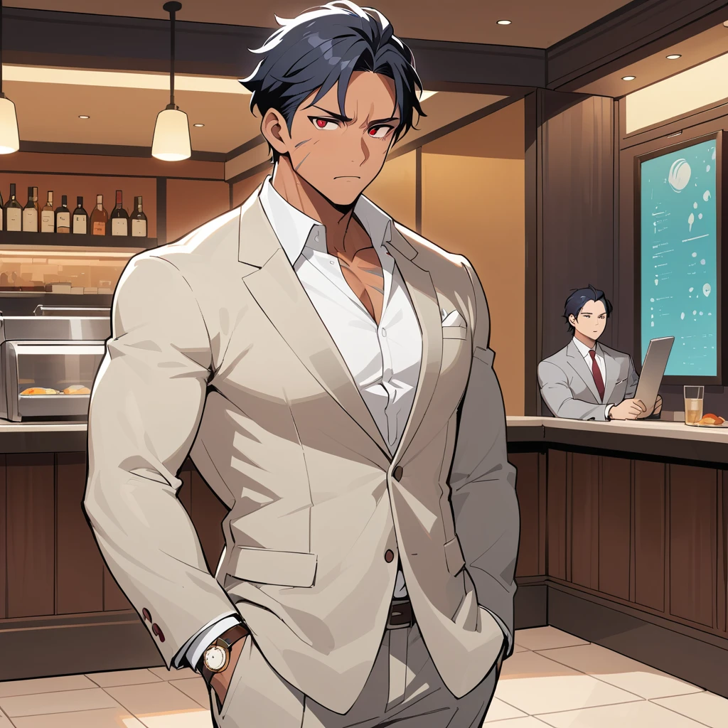 Scarred man in grey suit standing in restaurant lobby