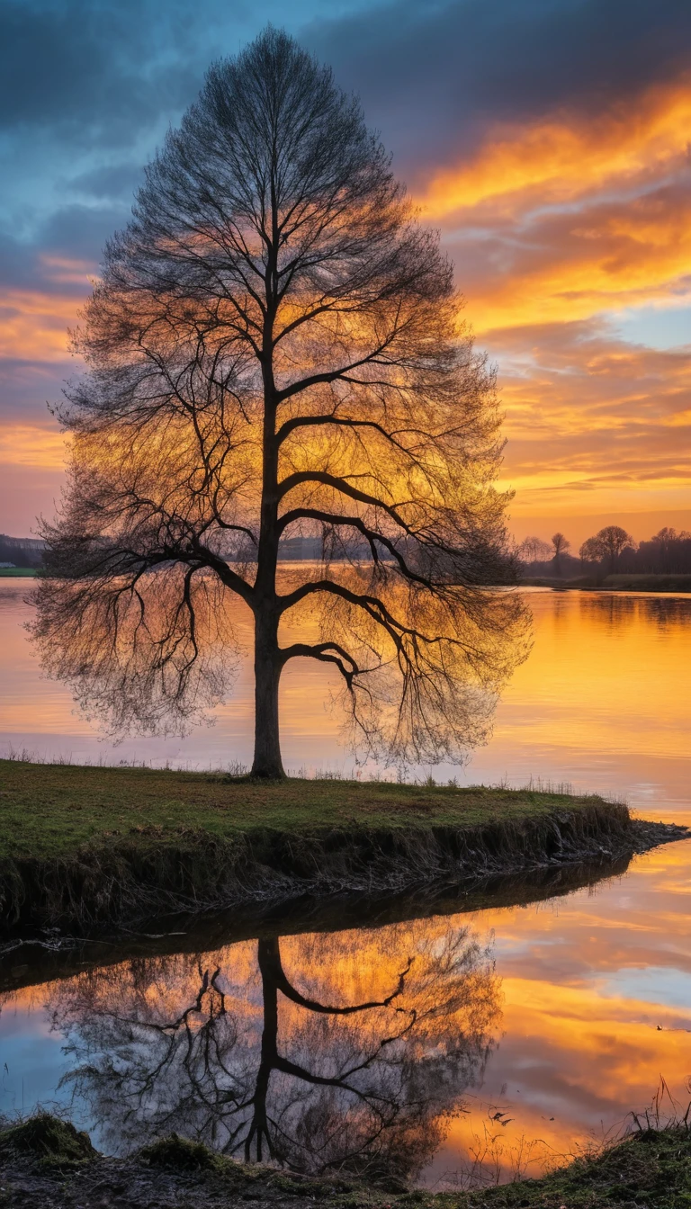 Einsamer kahler Baum im Sonnenuntergang am See mit Spiegelung