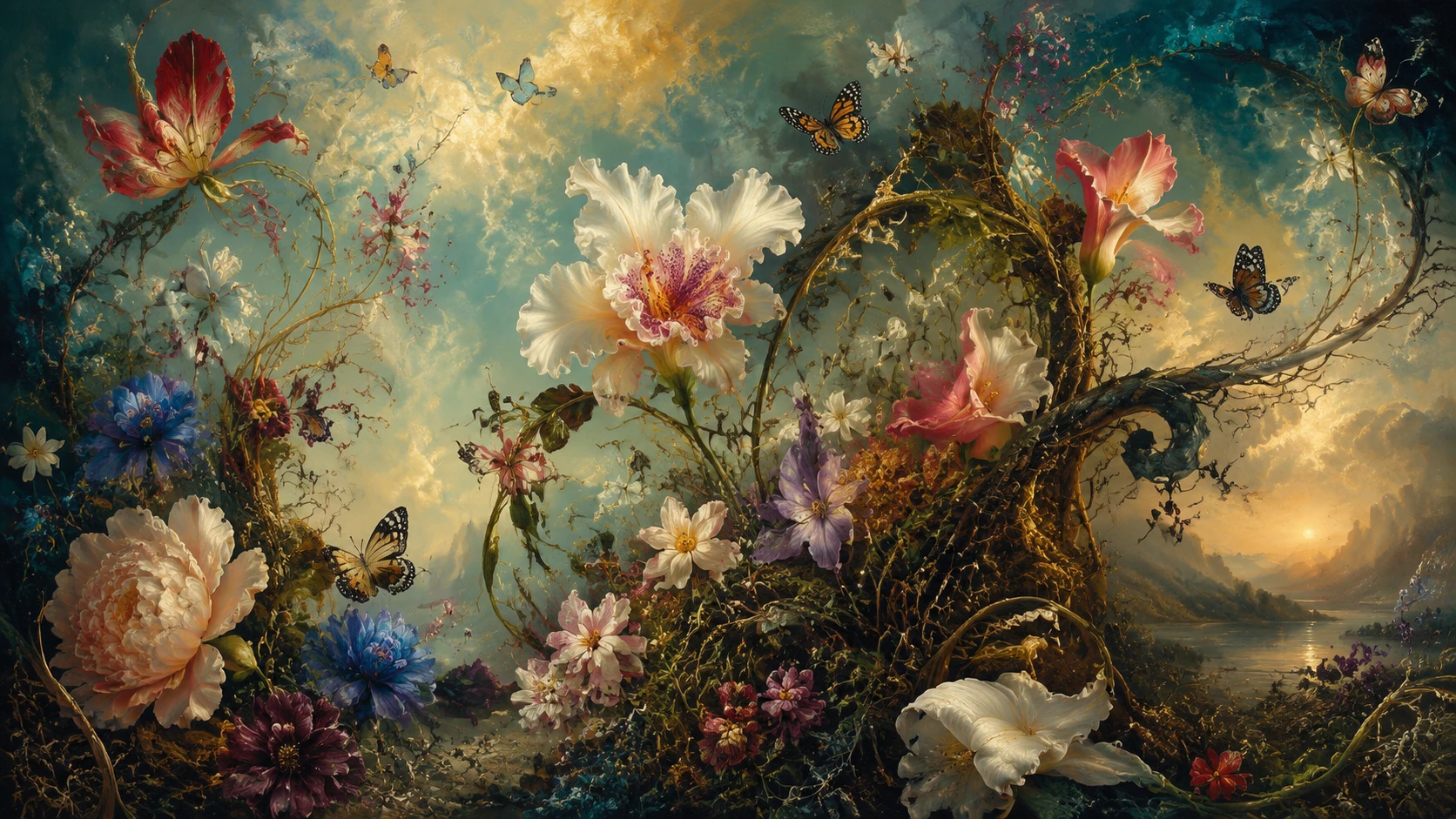 Whimsical Fantasy Wildflowers And Butterflies In Rich Color