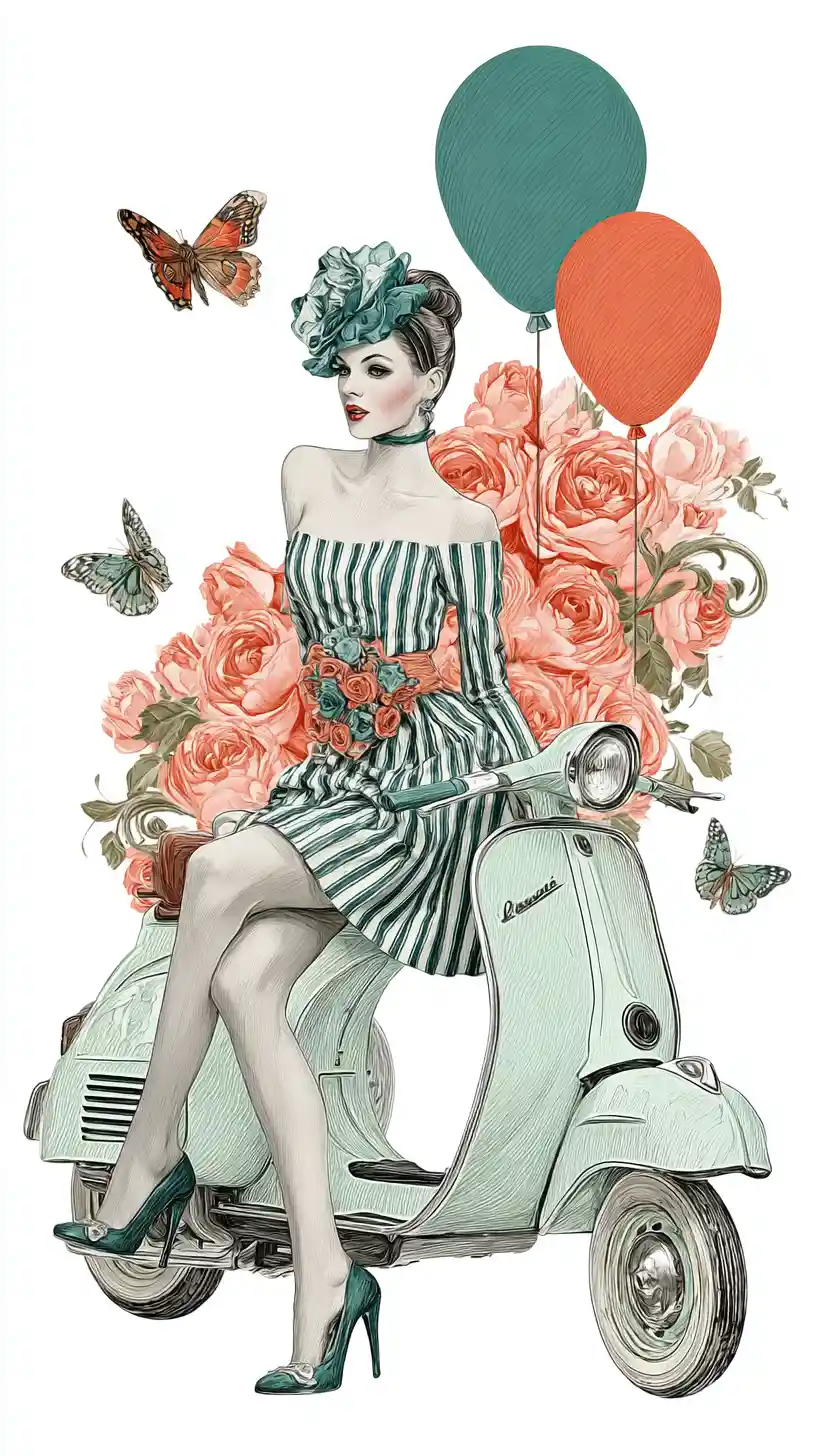 Donna elegante su scooter vintage con rose e palloncini