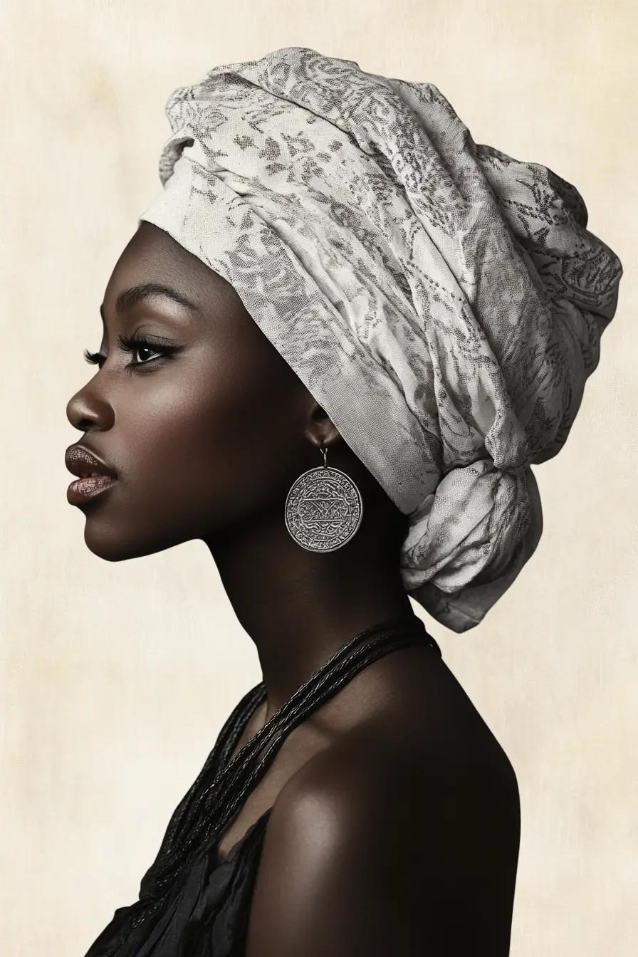 Serene profile portrait of a woman in an ornate turban