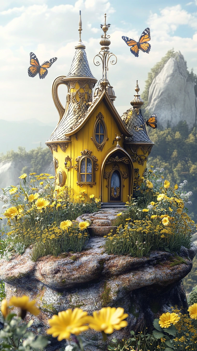 Whimsical yellow kettle house in a lush fantasy garden
