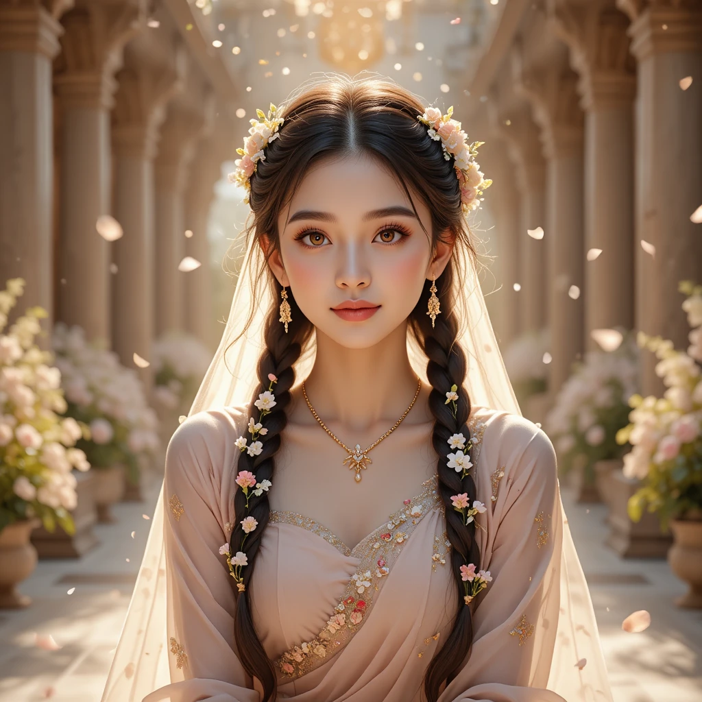 Graceful anime girl in a sunlit temple courtyard