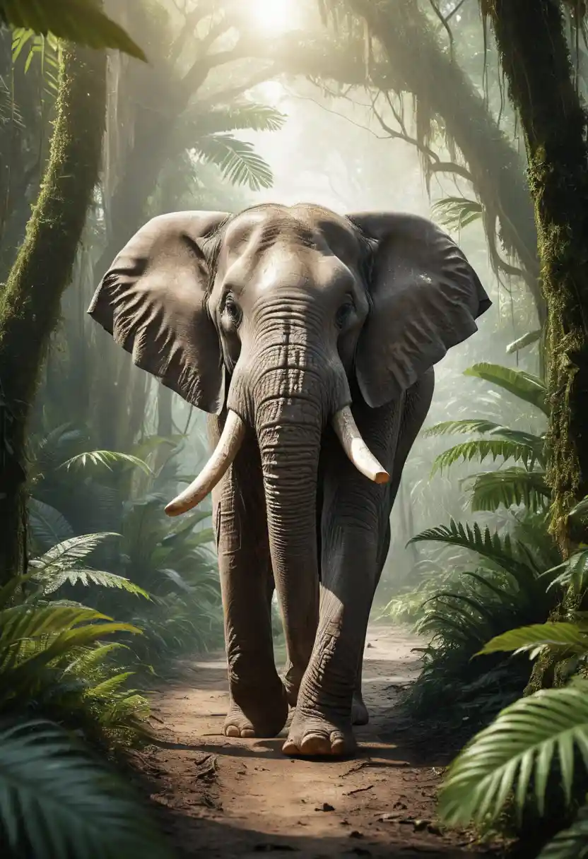Asiatischer Elefant schreitet durch üppigen tropischen Dschungel im Licht