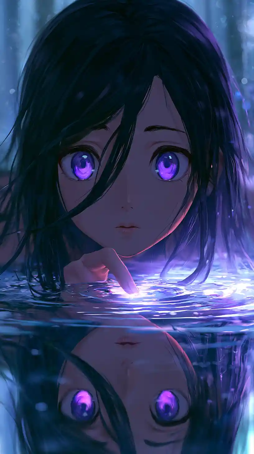 Anime girl touching a glowing ripple in forest water