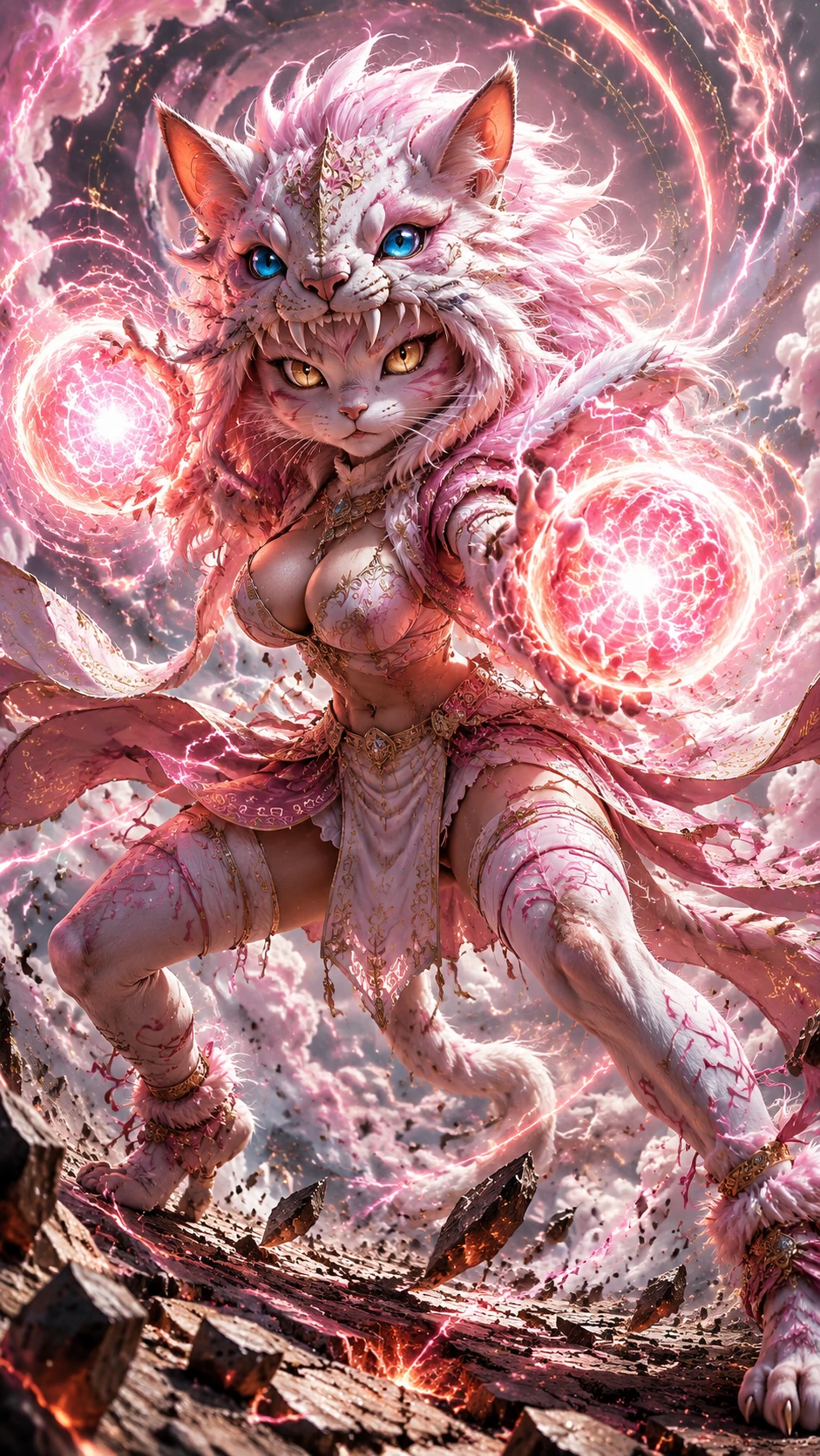 Feline cloud spirit warrior charging magic in palace courtyard