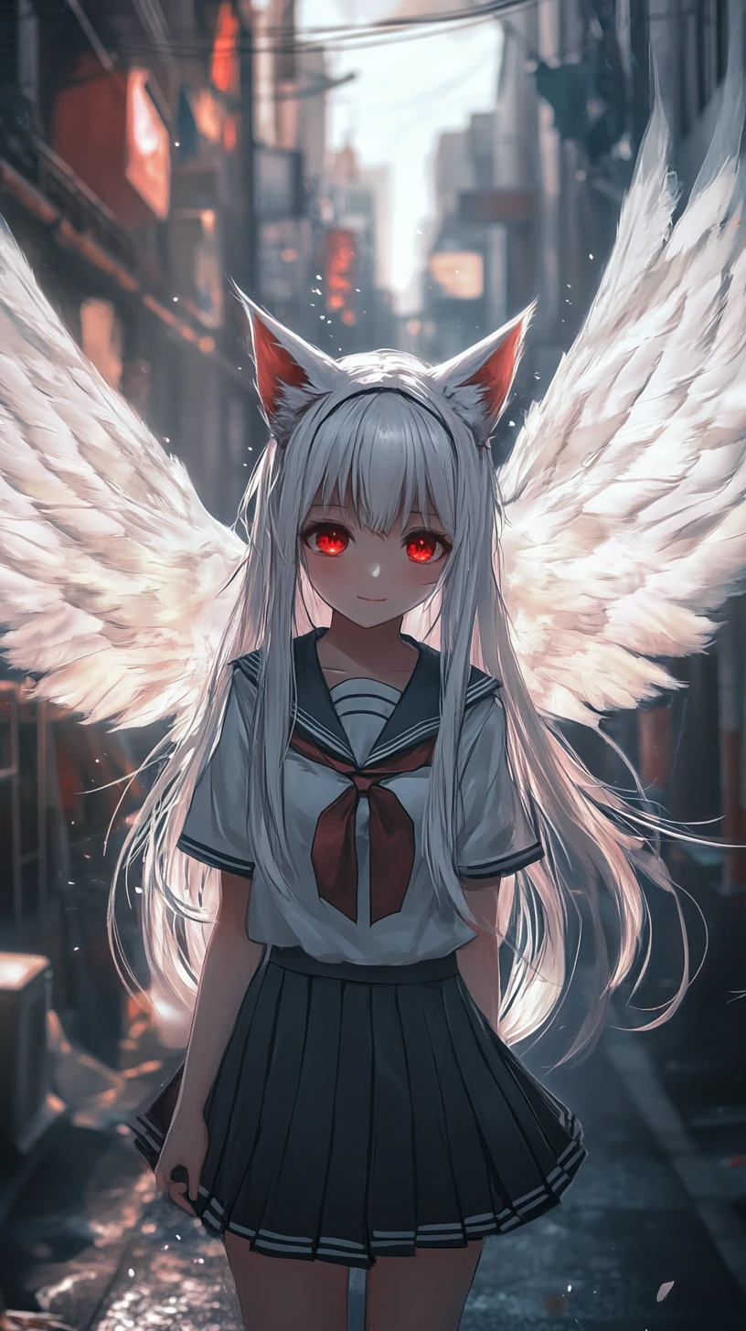 Anime girl with cat ears and angel wings in alley