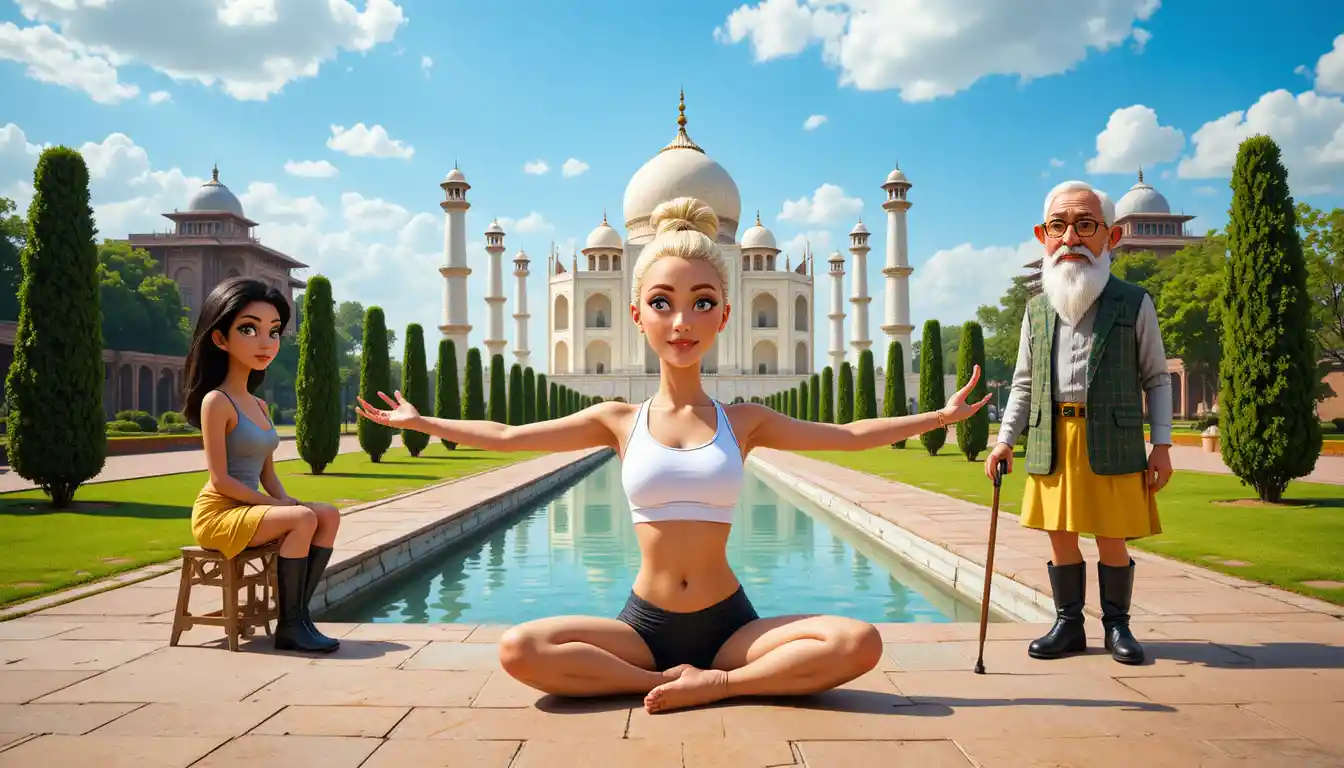 Woman meditating before Taj Mahal with two quirky companions