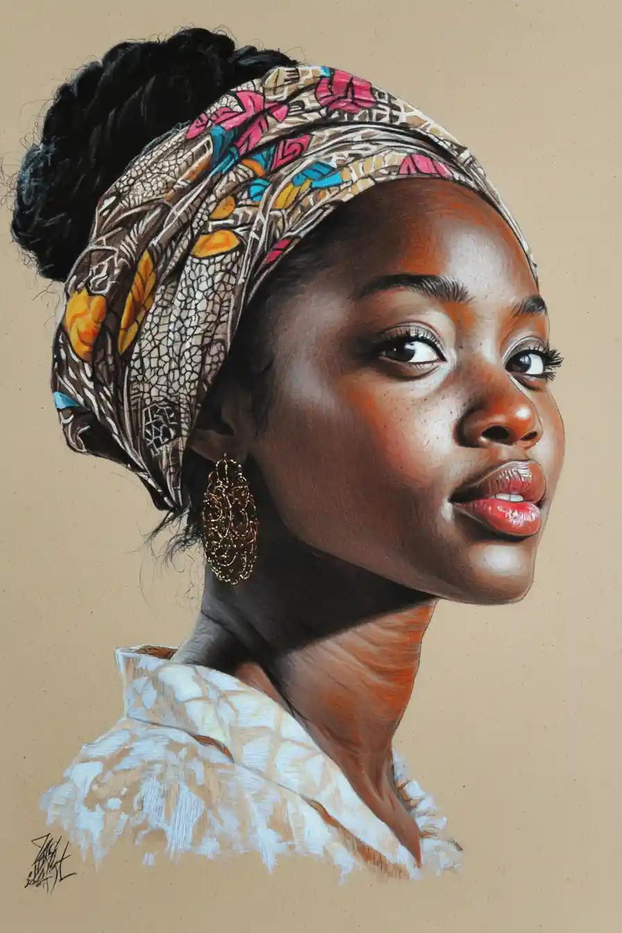 Serene profile drawing of an African woman in patterned headwrap