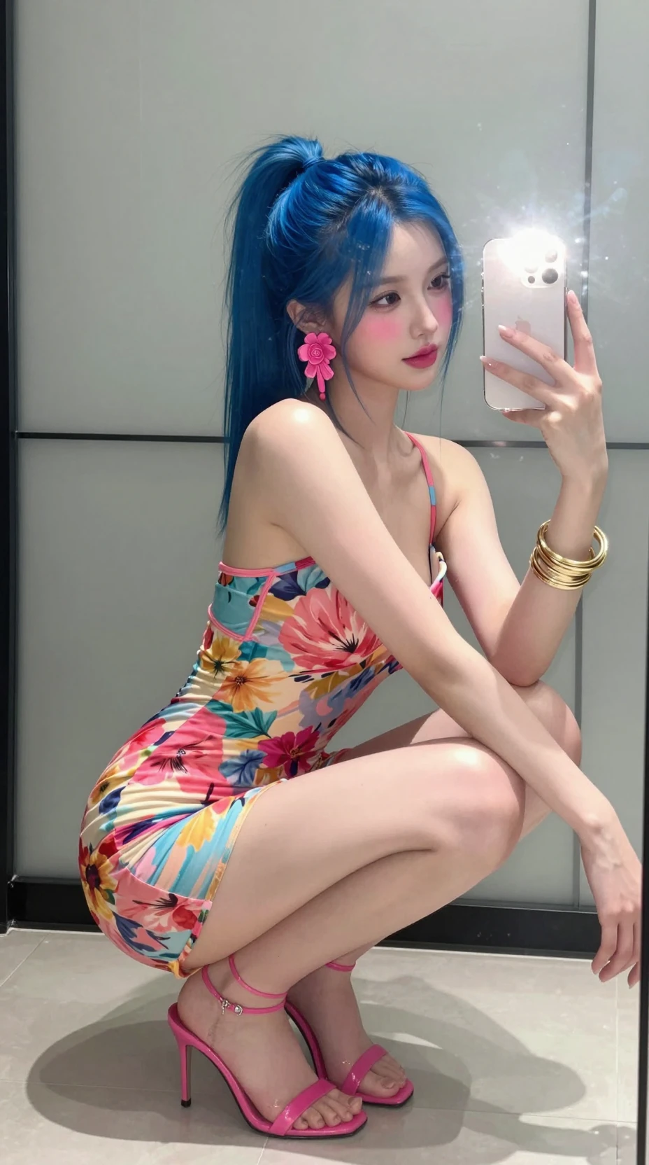 Young girl taking a crouched mirror selfie in floral dress