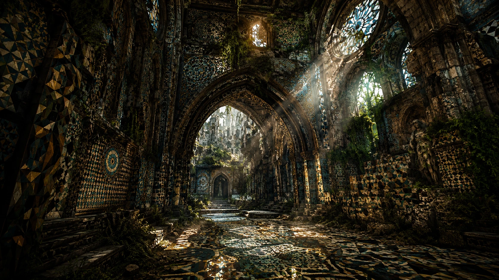 Abandoned cathedral in an overgrown forgotten fantasy city