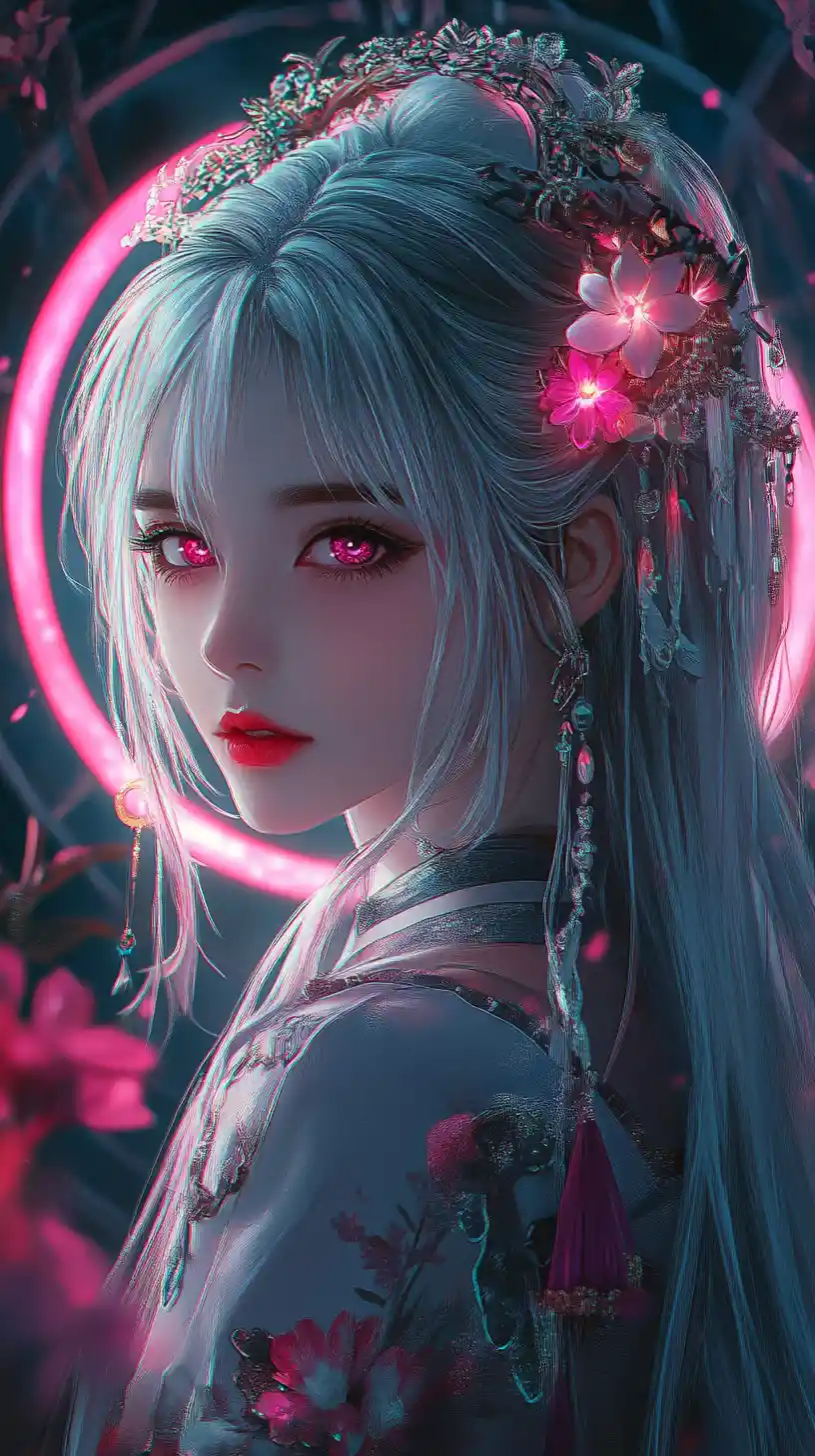 Anime girl in ornate floral attire with neon pink glow