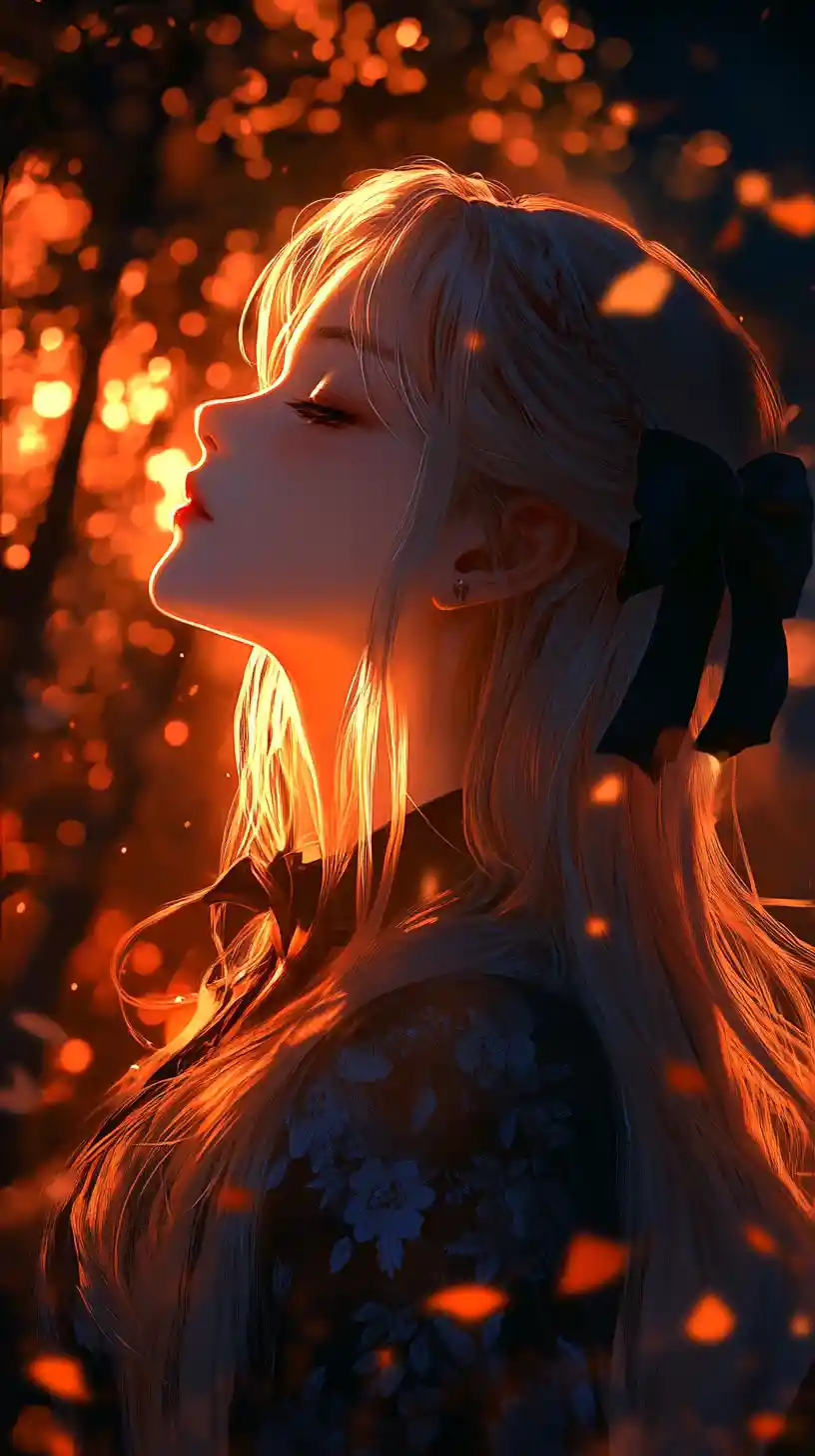 Anime girl with closed eyes in a dark forest