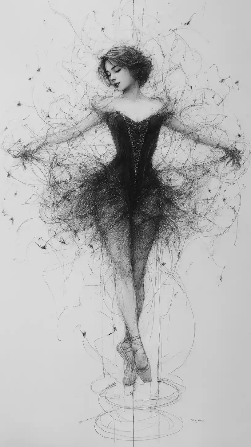 Ethereal dancer in graphite with swirling vortex dress