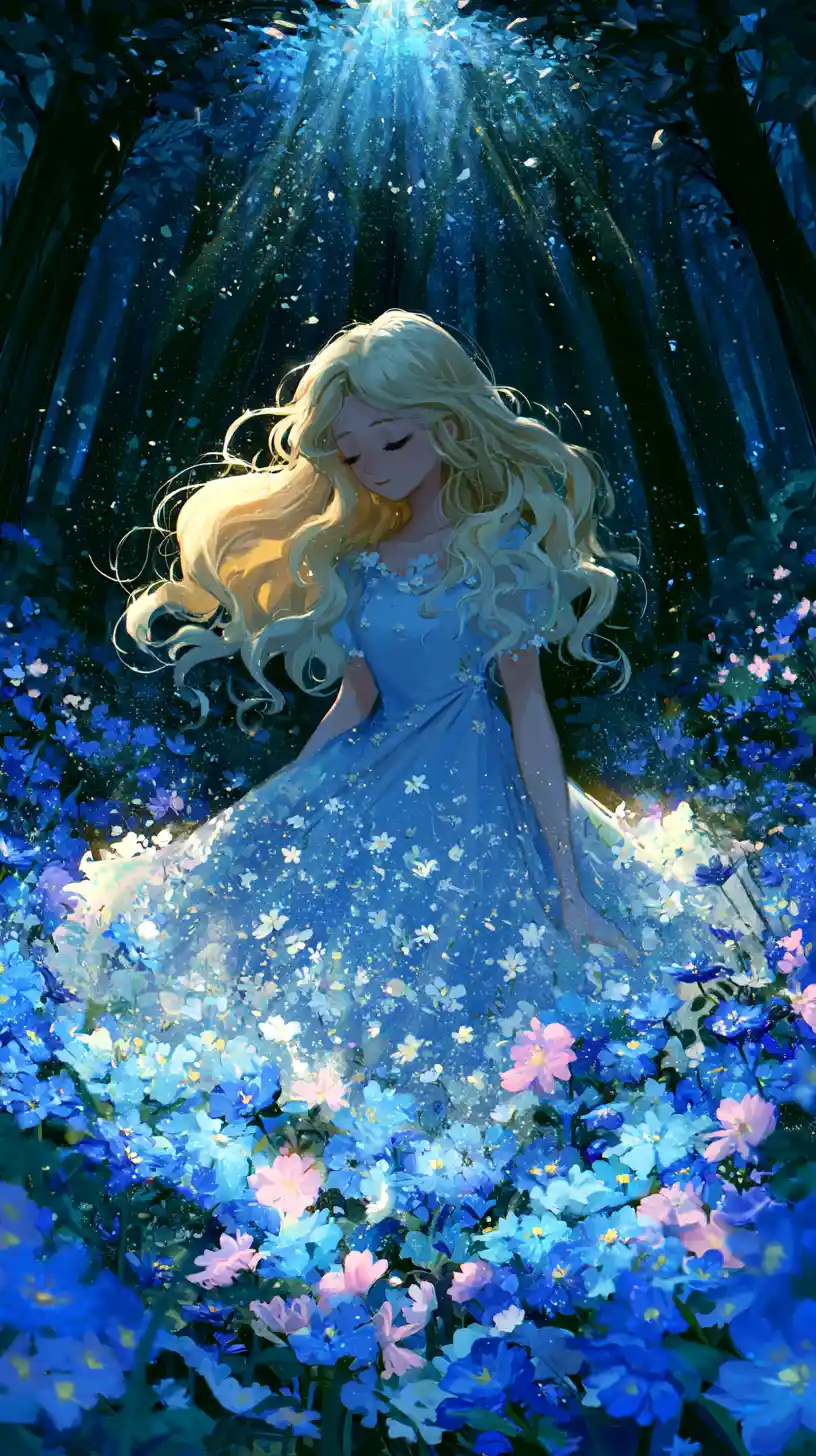 Young girl in blue dress walking through mystical forest