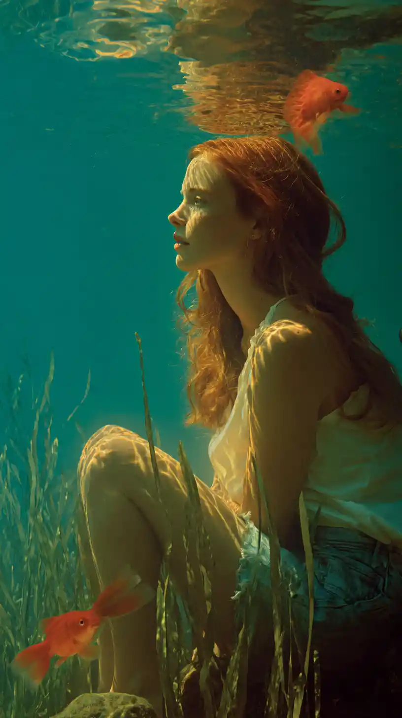 Red haired girl dreaming in turquoise split water scene