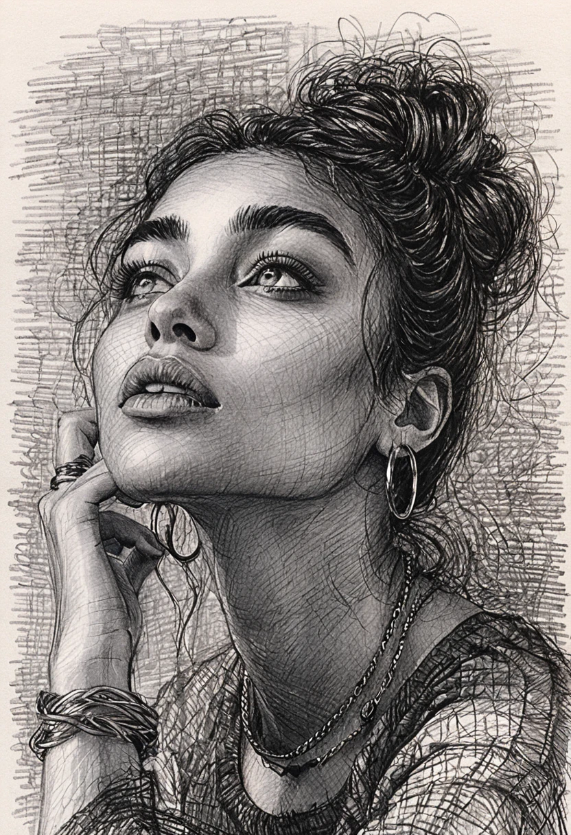 Thoughtful ink portrait of a woman with hand to her lips