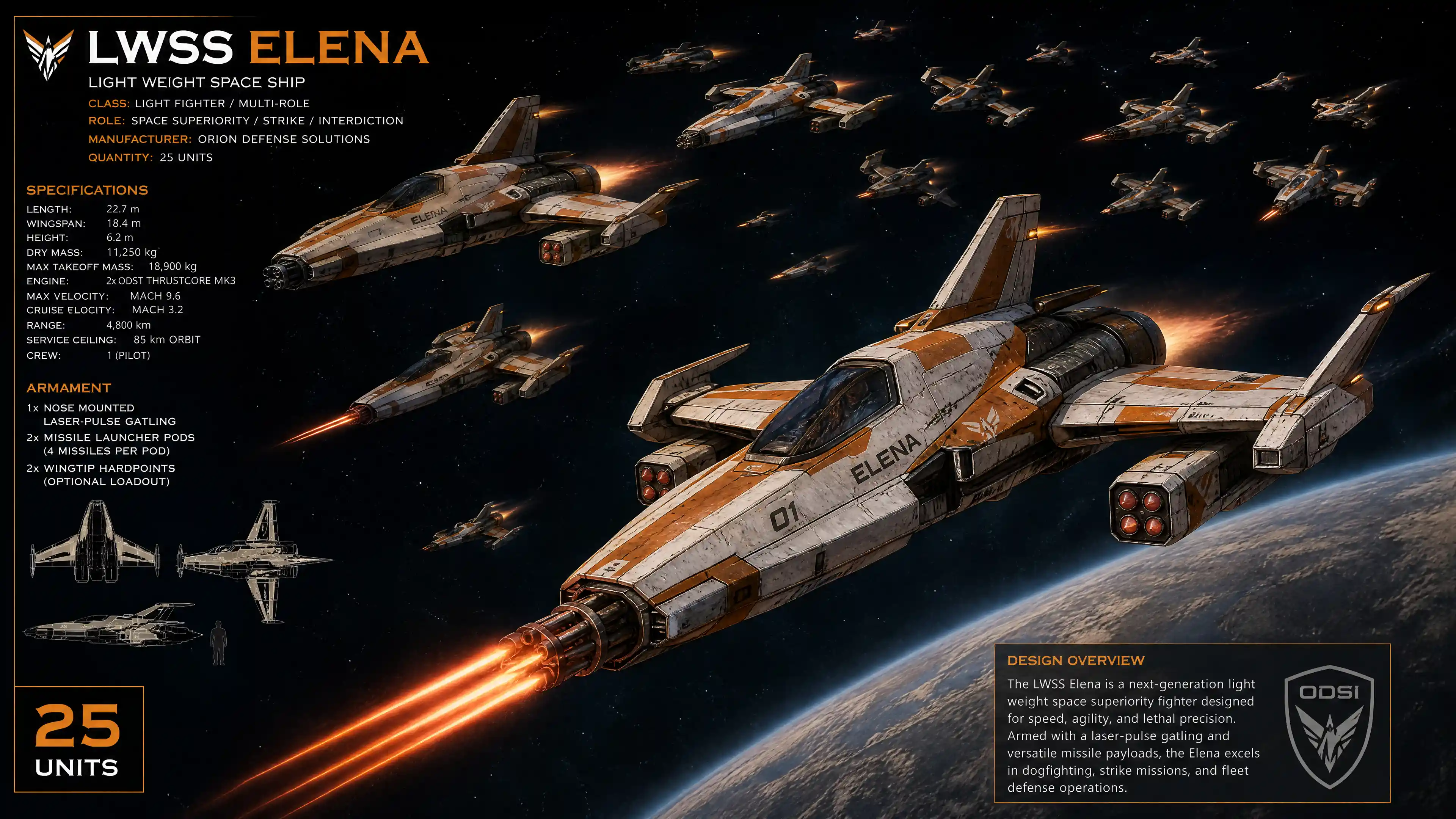 Fleet of lightweight striped spaceships armed with lasers