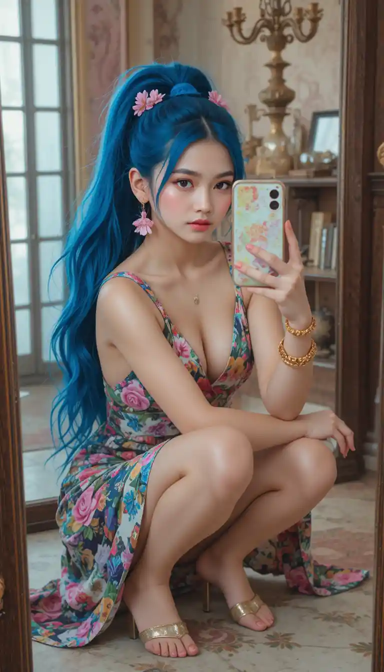 Young girl taking a mirror selfie in a floral dress