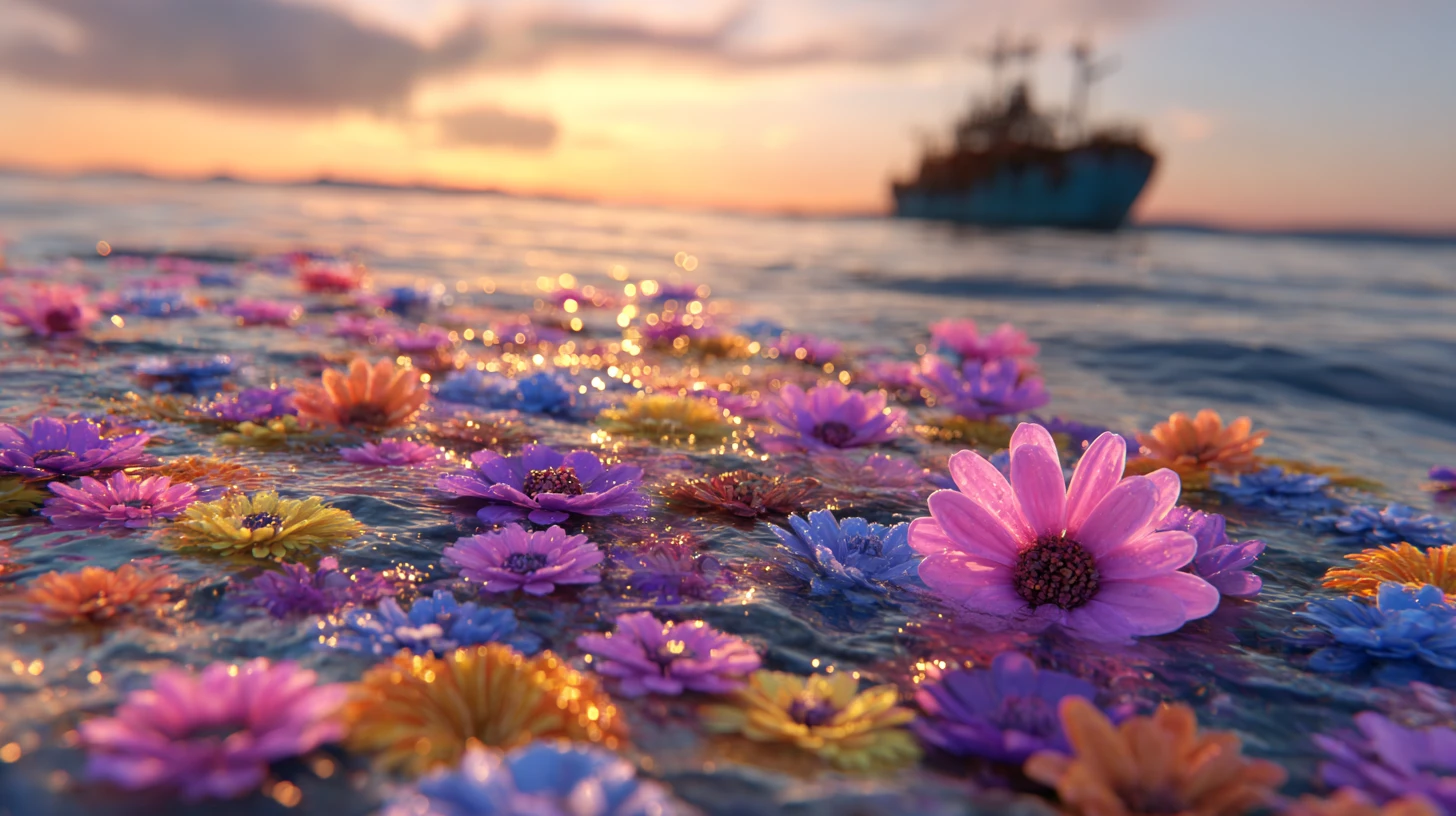 Colorful daisies floating on the sea at sunset