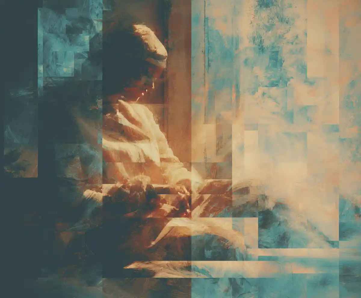 Surreal angelic woman resting in dappled summer shade