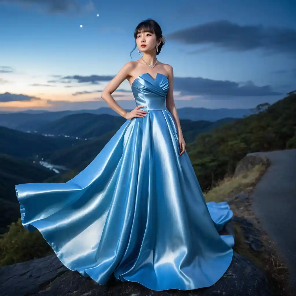 Elegant girl in blue satin gown on a night mountain