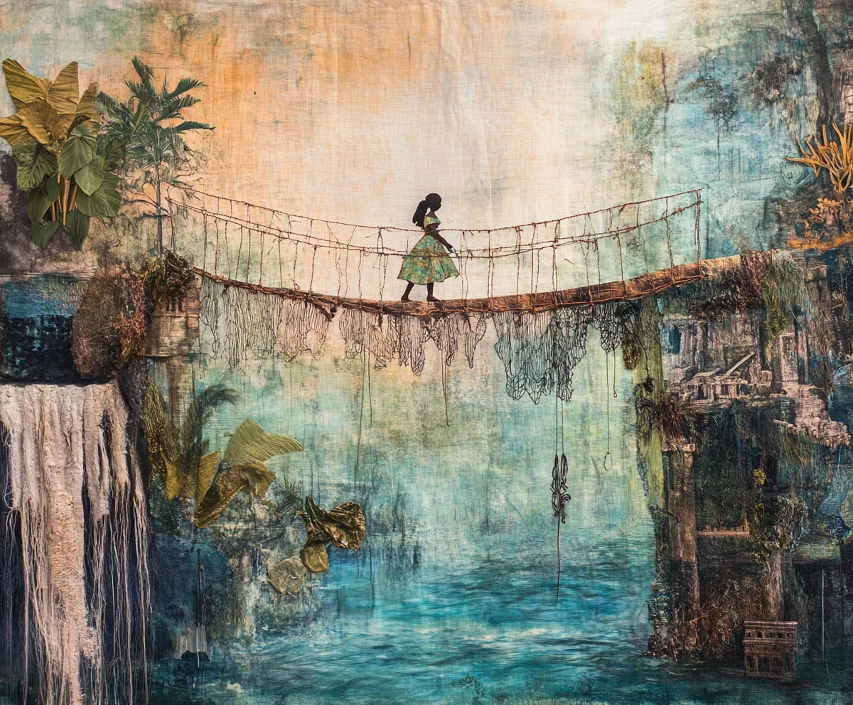 Textile explorers crossing a rope bridge above waterfall