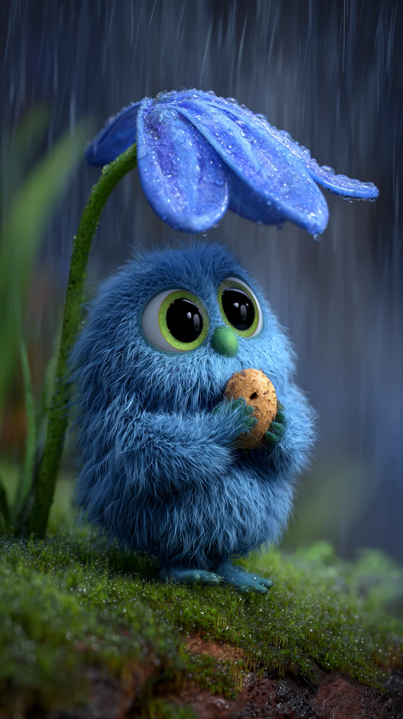 Criatura azul y peluda refugiándose bajo una flor bajo la lluvia