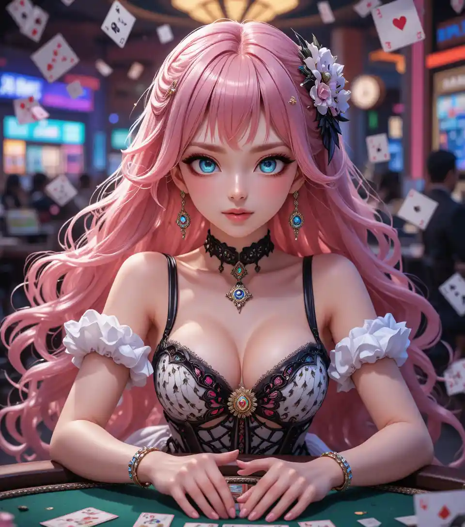 Cute anime princess playing poker in a bright casino