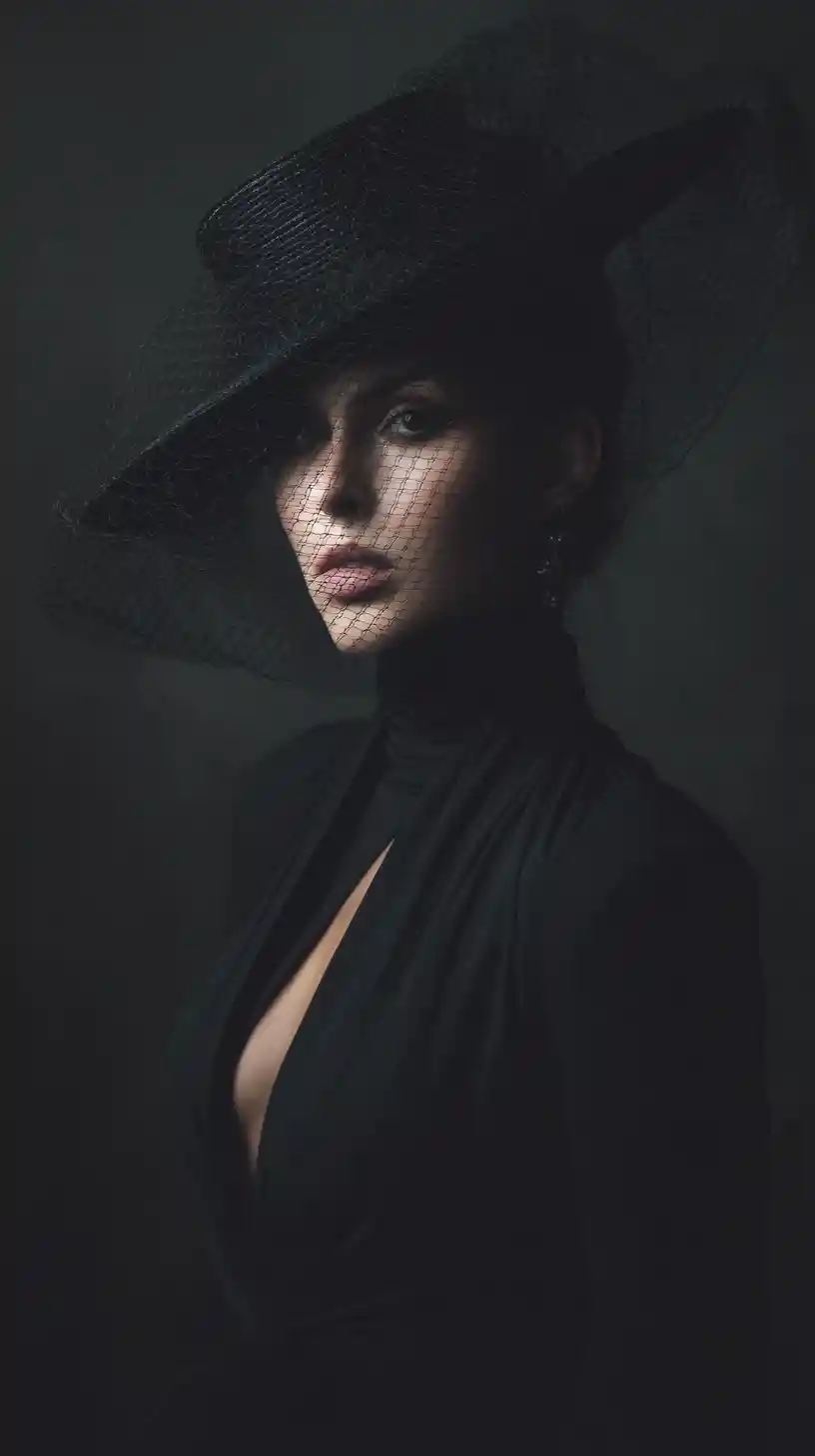 Mysterious femme fatale exuding dark elegance and power