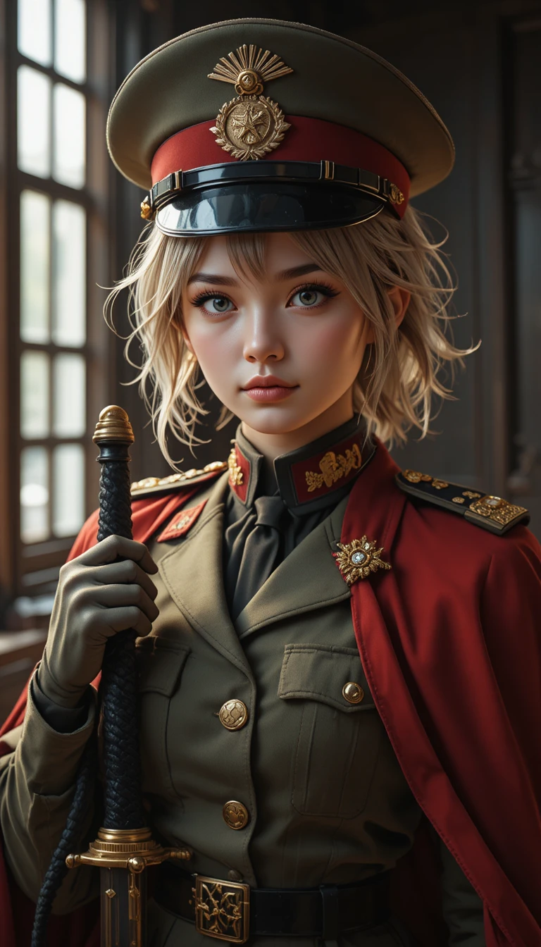 Anime officer portrait with silver eyes and red cape