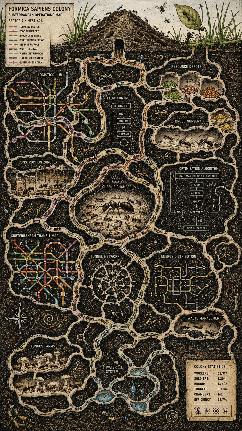 Underground ant colony cutaway fused with abstract data maps