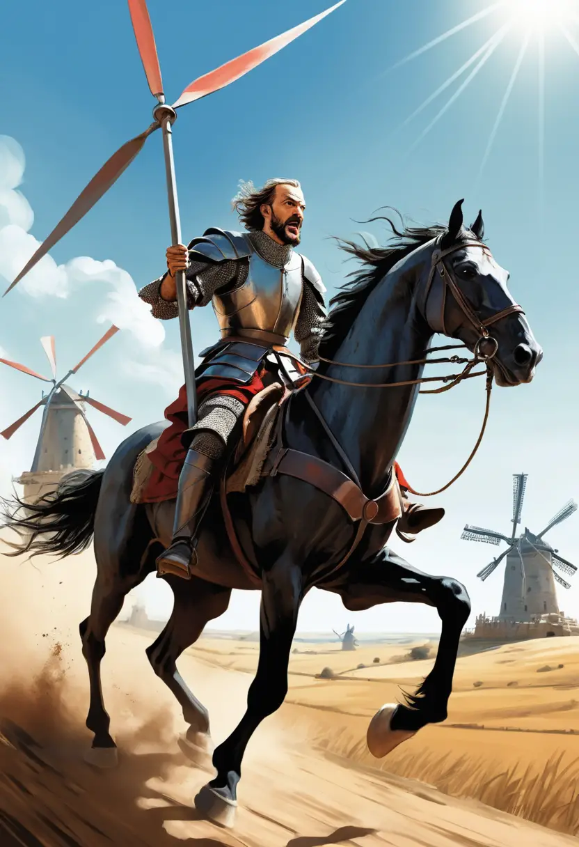 Cavaliere all’assalto di torreggianti mulini a vento in stile fumetto