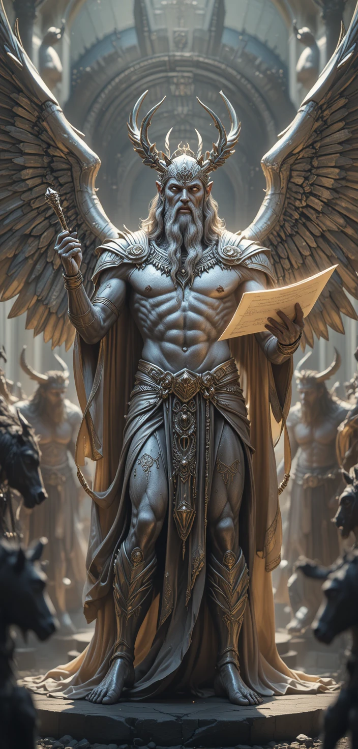 Winged Greek demigod chanting over glowing parchment