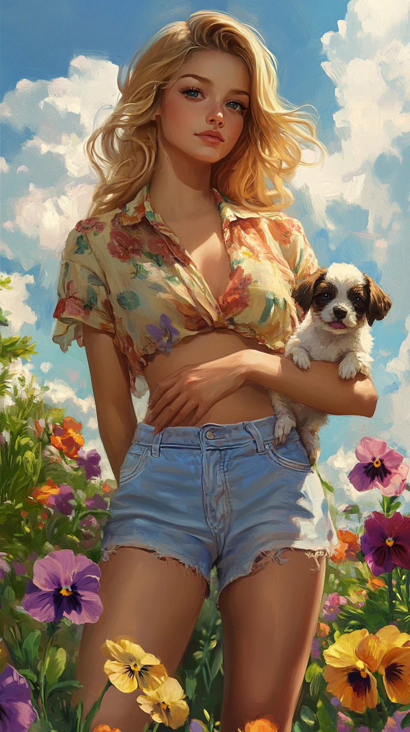 Young woman holding a small dog in a flower garden