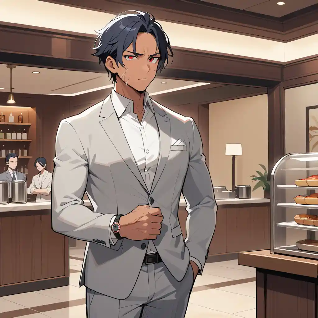 Scarred middle aged man in a suit in restaurant lobby