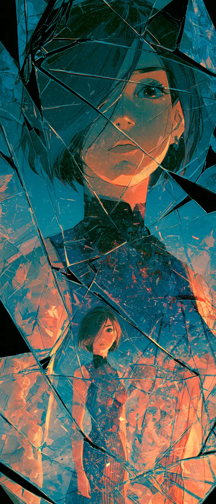 Anime woman reflected in a shattered surreal mirror scene