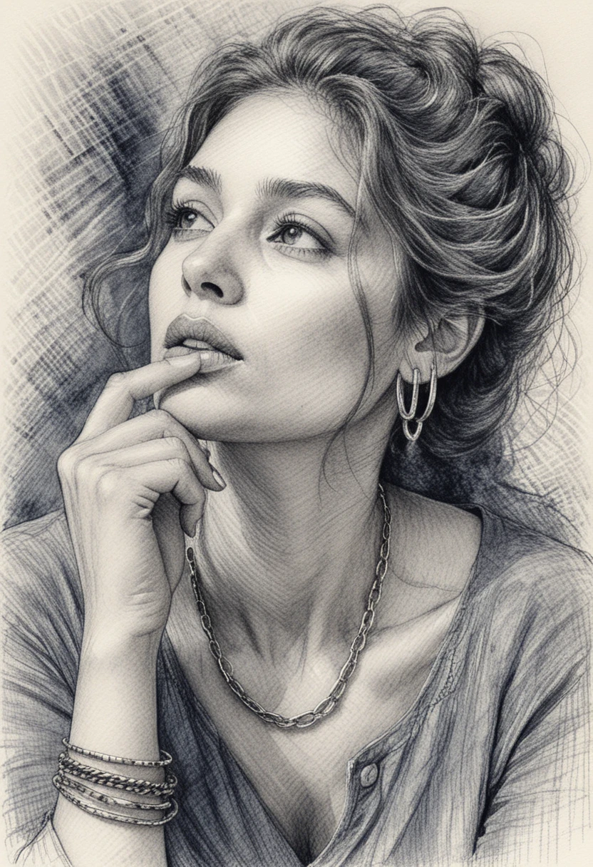 Pensive woman portrait in detailed ink cross hatching