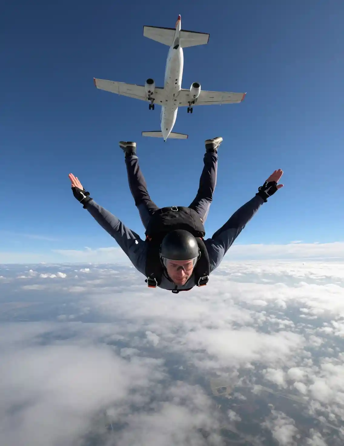 Skydiver in freefall seen from below against blue sky