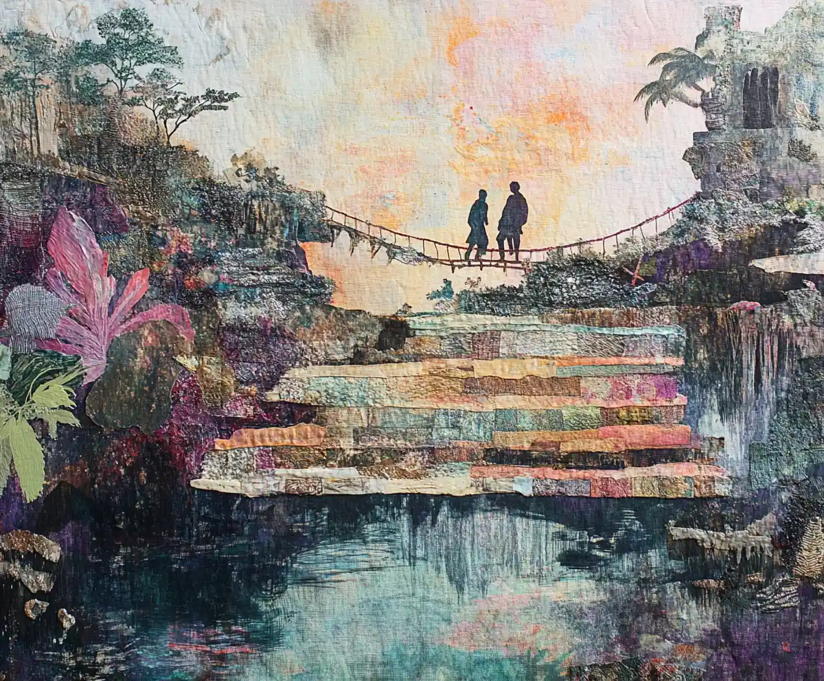 Textile explorers on a rope bridge above tropical waterfall