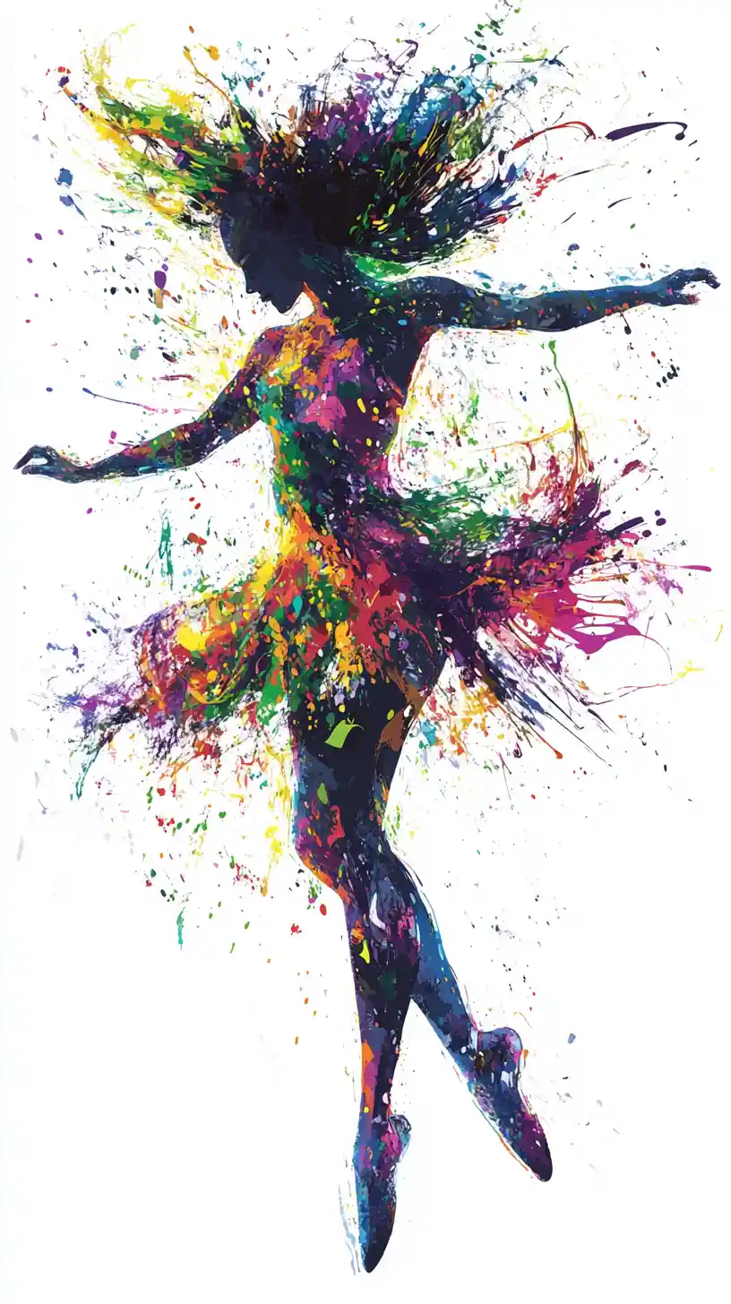 Barefoot dancing woman in swirling rainbow dress