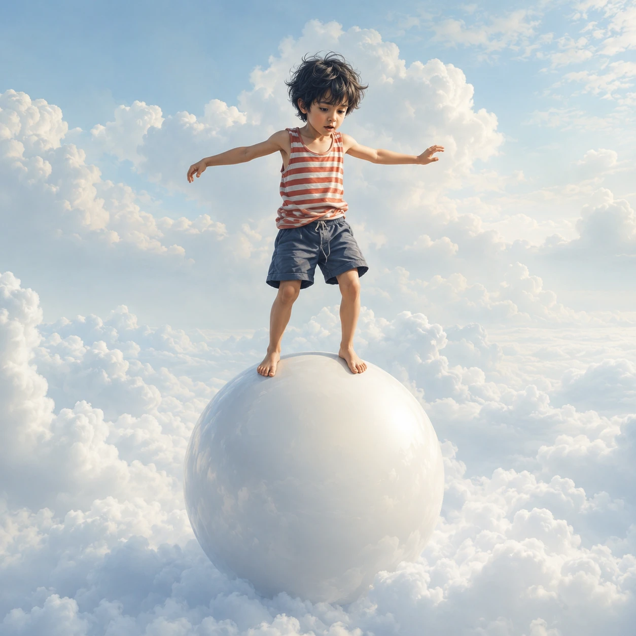 Boy balancing on a white sphere in a dreamy sky
