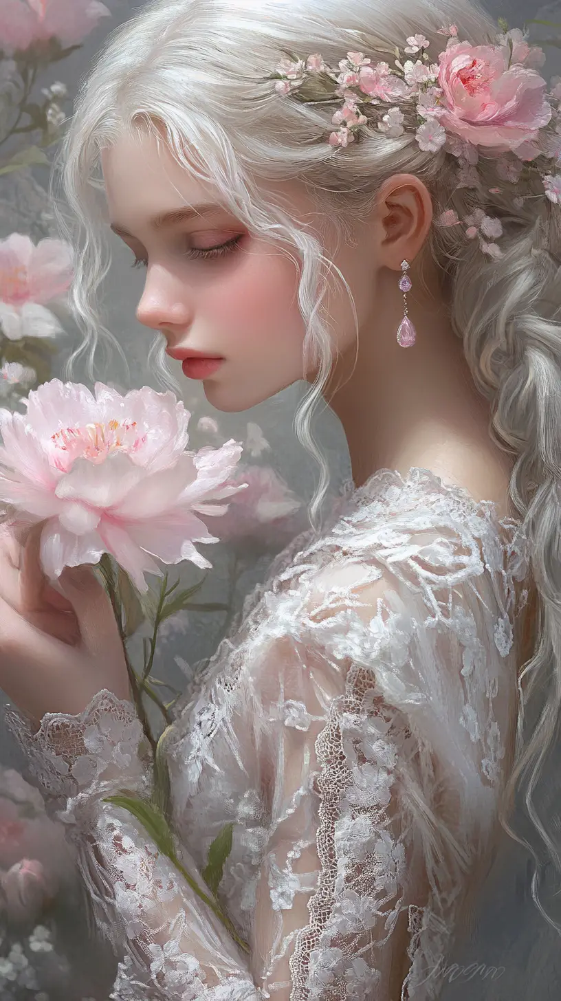 Ethereal blonde girl holding a soft pink flower